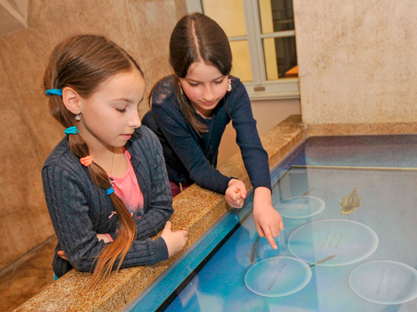 Zwei Mädchen lehnen über dem ehemaligen Fischbecken in Haus 4 und probieren das interaktive Quiz zur Stadtgeschichte Pößnecks.