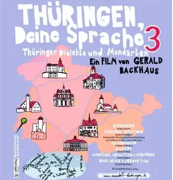Plakat zum Film. Titel in weiß vor helllila Hintergrund. Karte von Thüringen in rosa mit Bildern von Sehenswürdigkeiten der am Film beteiligten Städte.